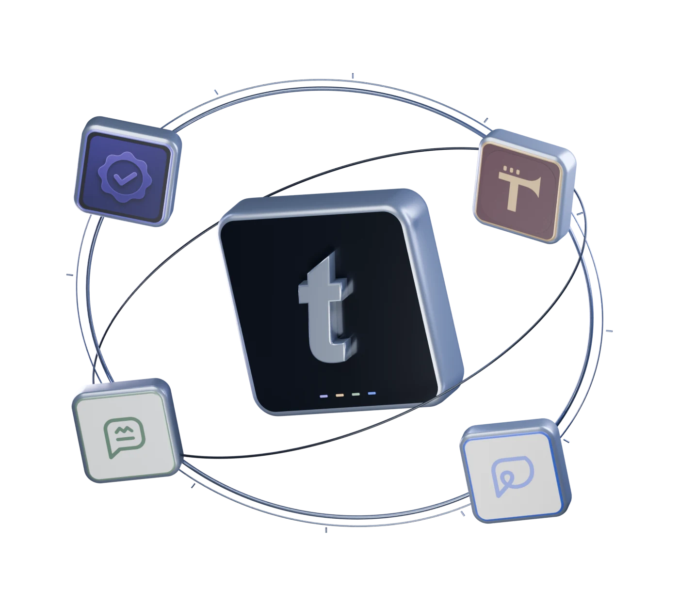 Teriontic’s studio sculpture, surrounded by the four product emblems